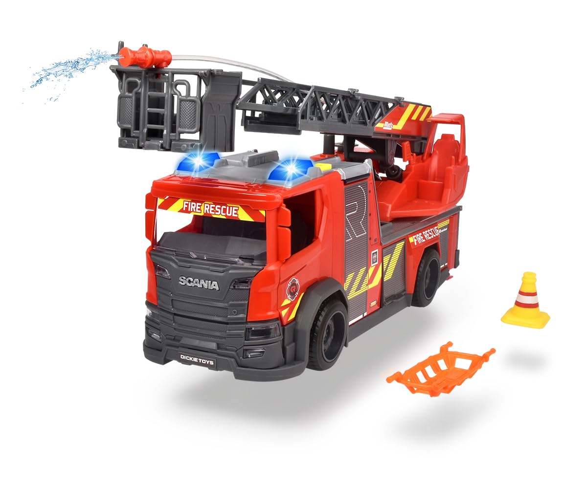 Dickie Toys 203714011 Drehleiter Engine with Rotary, Rosenbauer Fire Department, Light & Sound, Including Batteries, Extendable Ladder, Wheel, red