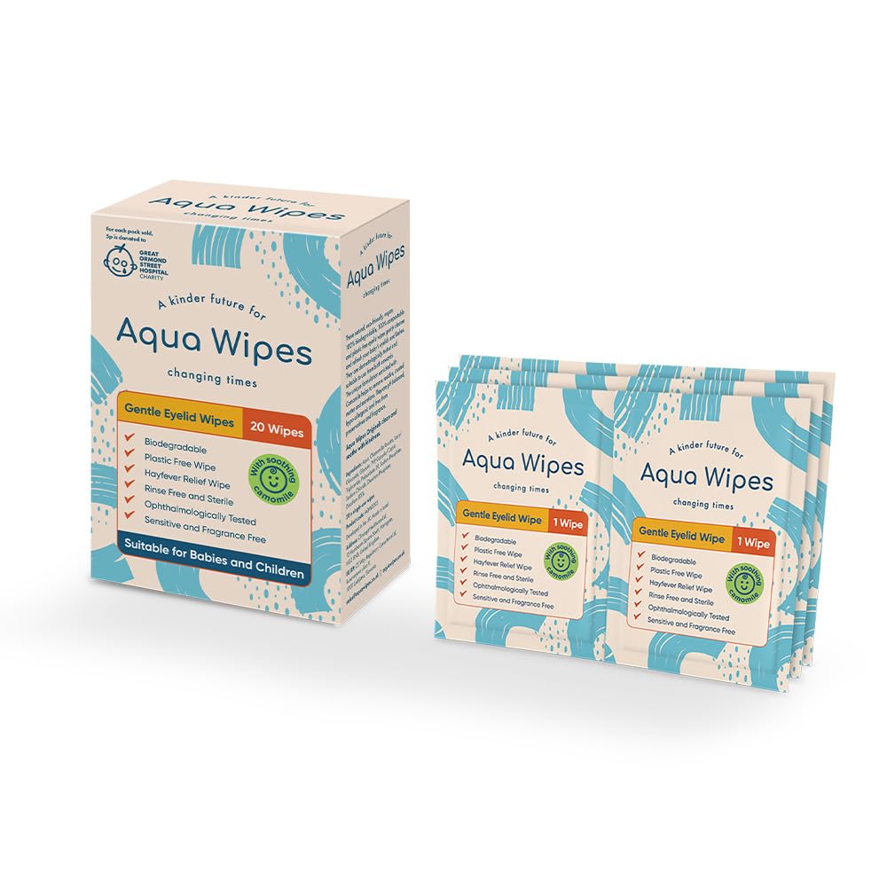 Aqua Wipes Gentle Eyelid & Lash Wipes - Sterile Biodegradable Eyelid Wipes with Soothing Camomile - Unscented - Suitable for Adults, Children and Babies including Newborns (20 Single-use Wipes)