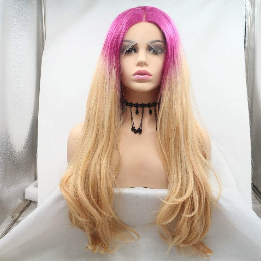 Ombre Strawberry Blonde Synthetic Lace Front Wigs for Women Rock Rose Red Ombre Golden Blonde Heat Resistant Fiber Lace Wigs Daily Wear Cosplay Drag Queen Wig 24" - Image 3
