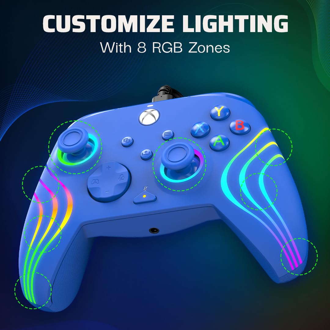 PDP Gaming Afterglow Wave Enhanced Wired Controller for Xbox Series X|S, Xbox One and Windows 10/11 PC, Advanced Programmable Gamepad, Customizable Lighting, Licensed by Microsoft, Companion App: Blue