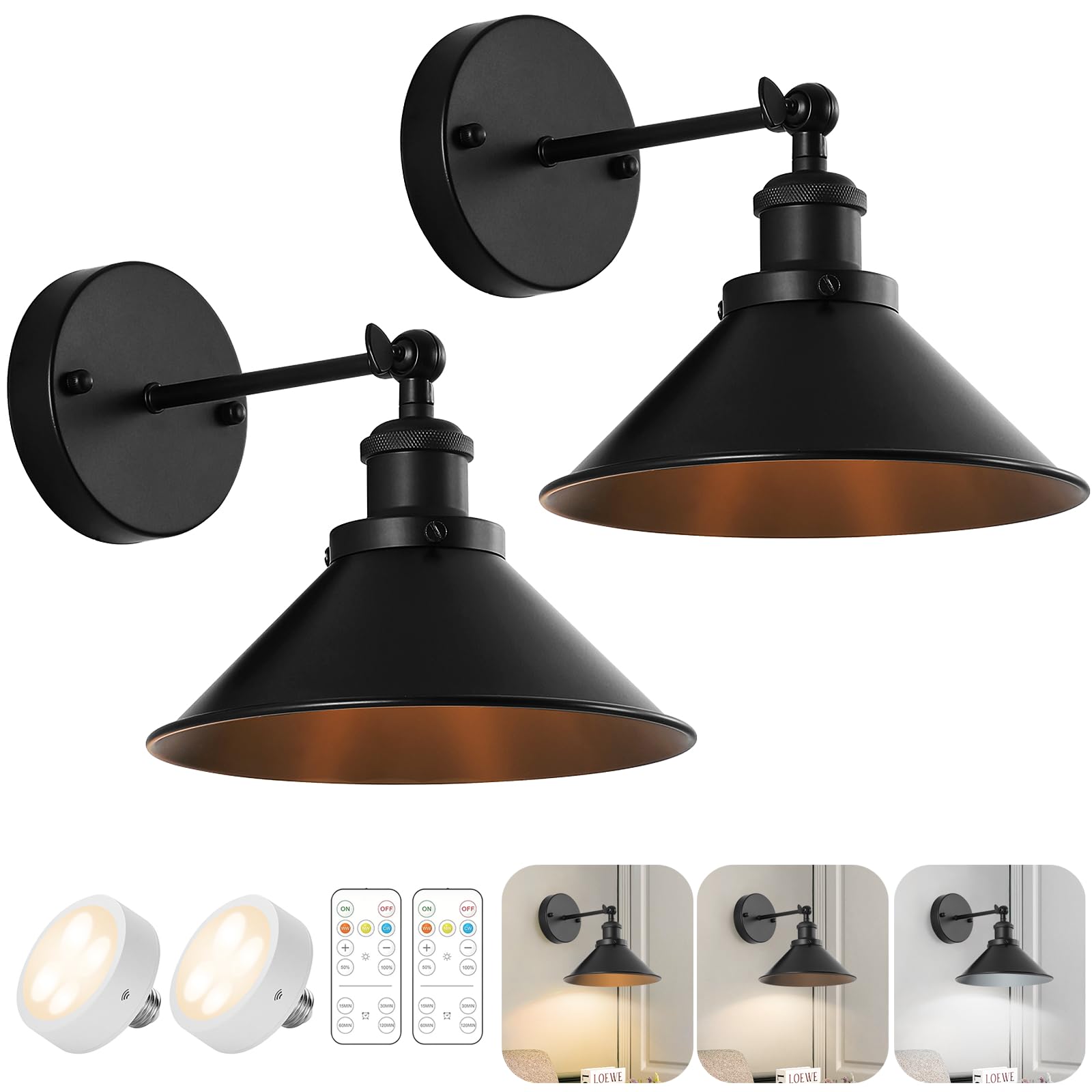 Photo 1 of Bailoch Black Vintage Wireless Battery Operated Wall Sconces, Industrial Cordless Battery Powered Led Wall Lights Set of 2, Wall Lamp Fixture Indoor with Remote Control for Bedroom Farmhouse Gallery