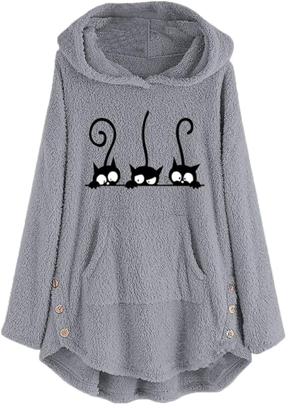 Amazon Co Jp レディースフリーススウェット かわいい猫の刺繍プラスサイズ暖かいパーカー秋冬のブラウス 服 ファッション小物