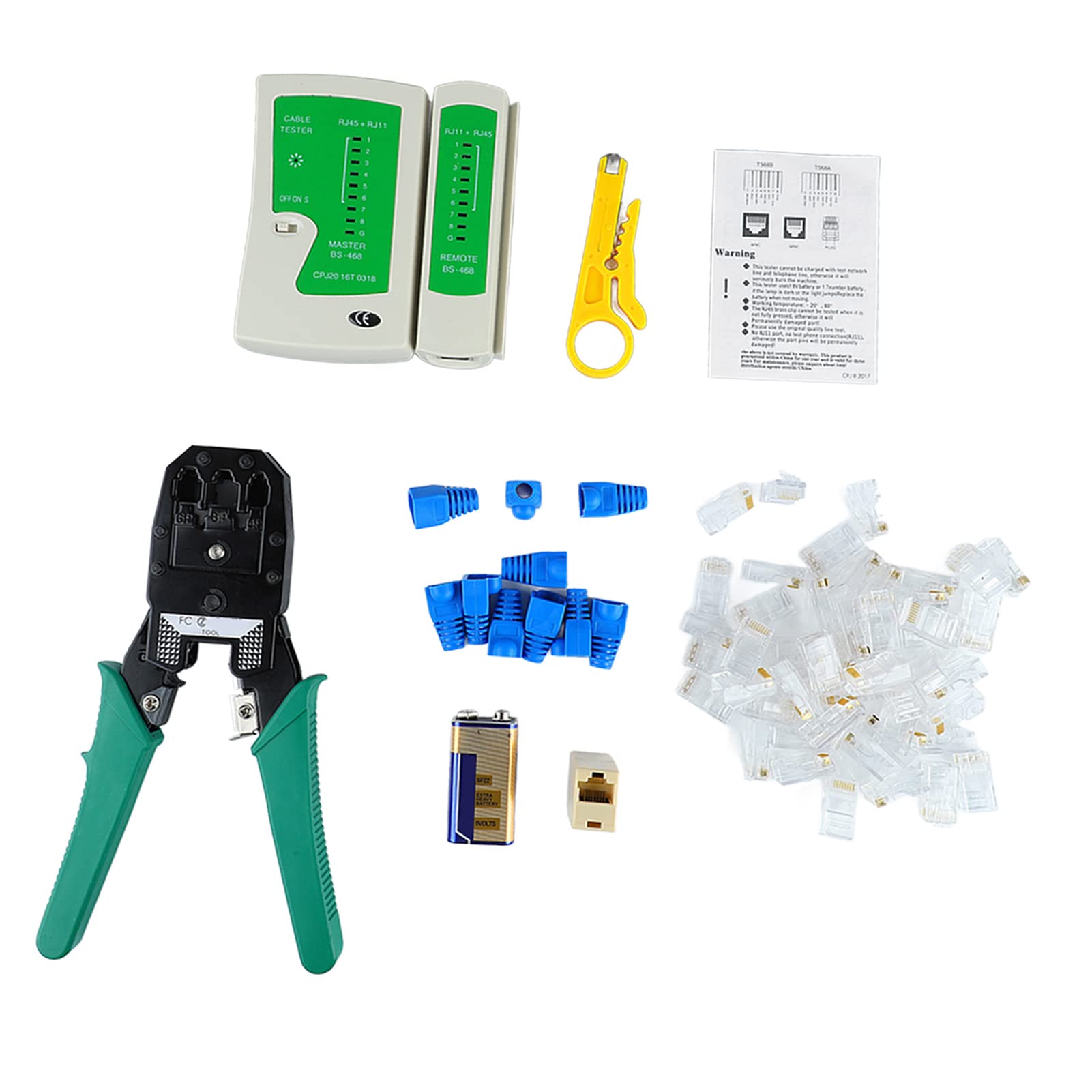 Network Cable Crimper, 8P8C RJ45 Crimp Tool Set, CAT5 CAT5E Crimping with 100PCS CAT5 RJ45 Connectors, Cut and Strip Tool, Wire Tester