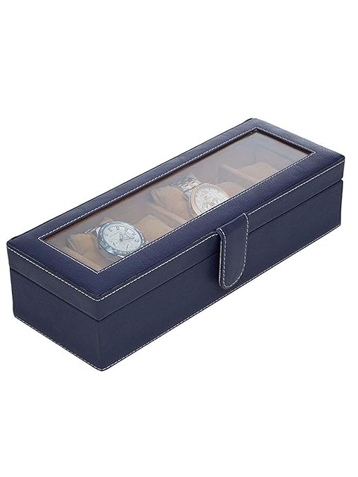Leather World Blue Pu Leather 2.5 Liter 6 Watch Box | Watch Case | Watch Organizer for Men | Watch case for Men