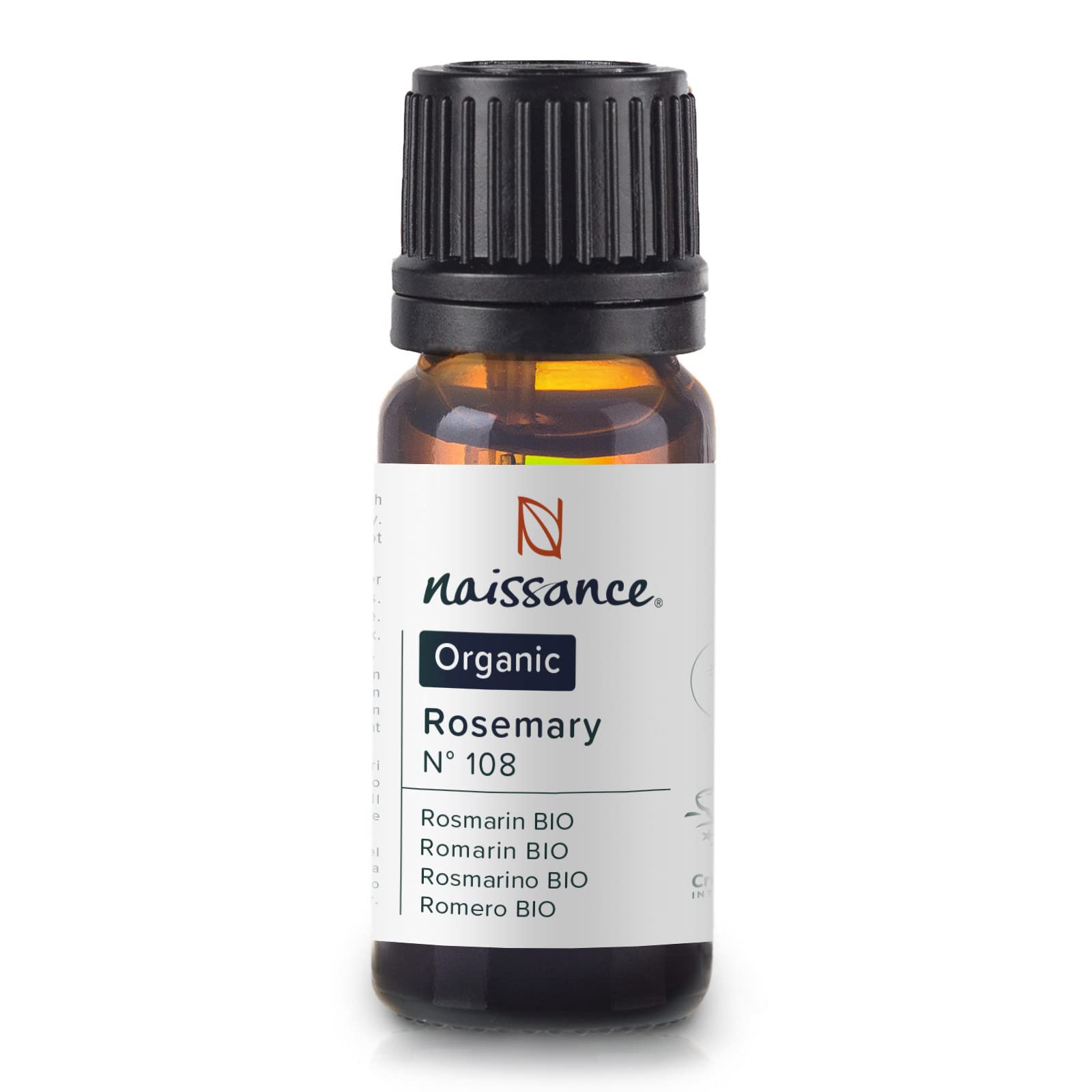 Naissance Certified Organic Rosemary Essential Oil (No. 108) - 10ml - Pure, Natural, Cruelty Free, Vegan, Steam Distilled and Undiluted - Use in Aromatherapy, Massage Blends, Humidifiers & Diffusers