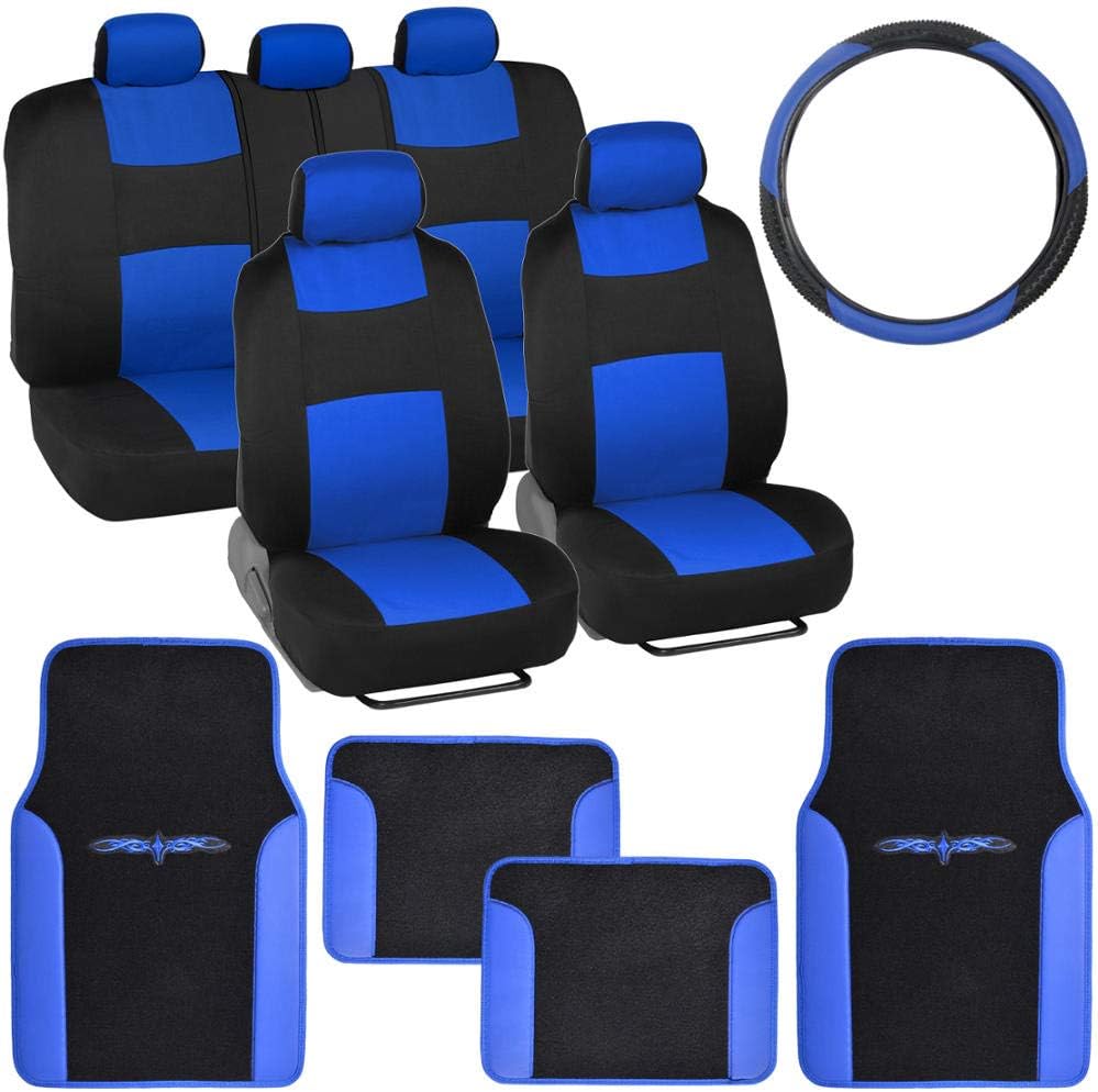 BDK Blue Combo Fresh Design Matching All Protective Seat Covers (2 Front 1 Bench) Ergonomic Steering Cover (1 Piece) Heavy Protection Sleek Graphic Auto Carpet Floor Mats (4 Set)