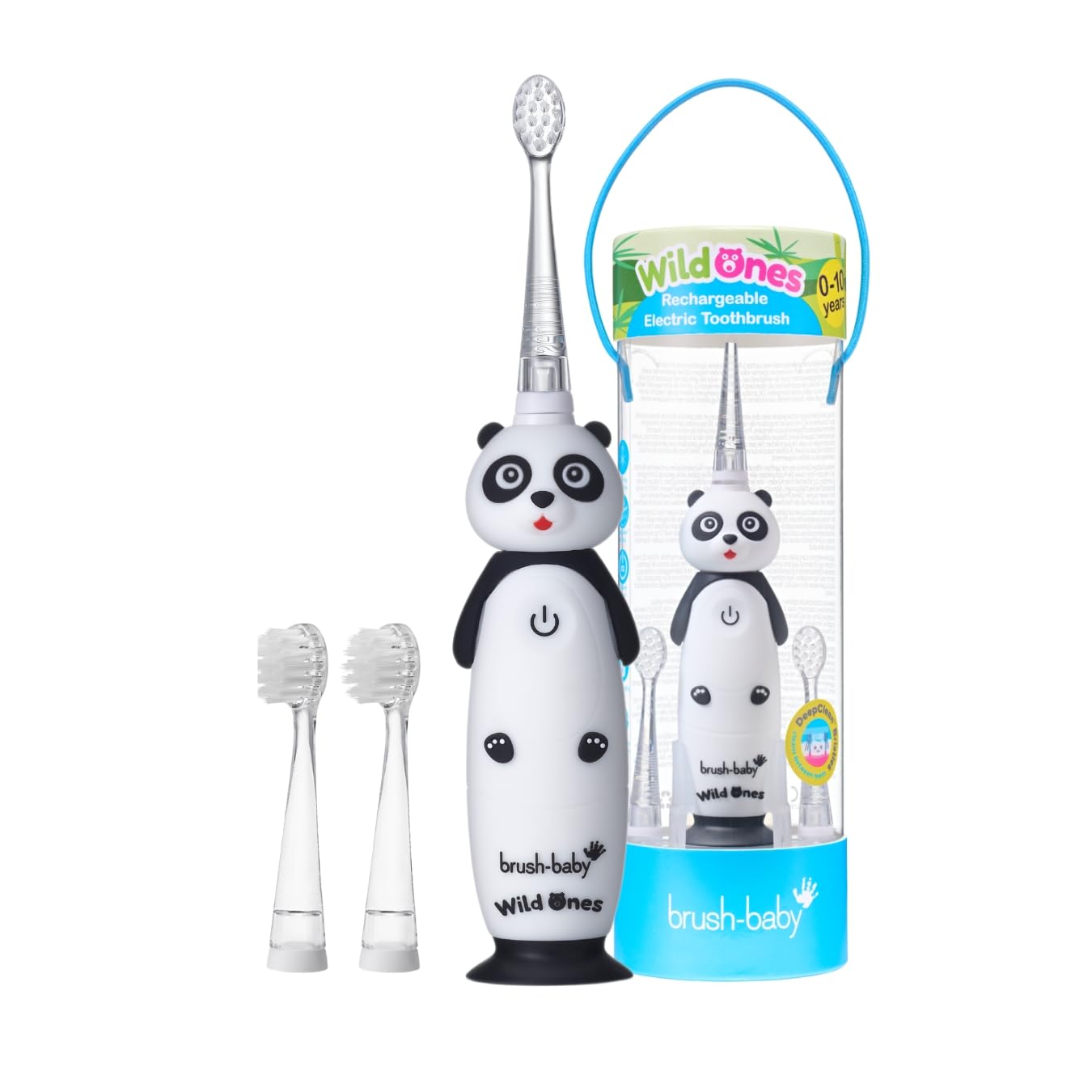 Brush-Baby - Kids Rechargeable Electric Toothbrush, 0-10 Years - WildOnes, Panda Design with Flashing Lights - DeepClean Bristles for Superior Clean - 2X Replacement Heads, 1x USB Cable — image 1