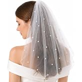 IKUHRMO Pearl Bride Veil with Comb, Short Tulle Veil for Wedding | Pearl embellished, bachelorette parties, bridal showers, engagement photos