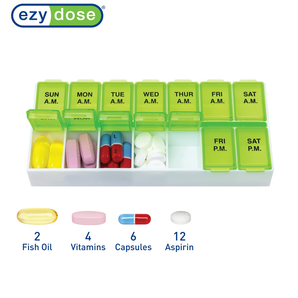 EZY DOSE Weekly (7-Day) AM/PM Pill Case, Medicine Planner, Vitamin Organizer, Medium Compartments, 2 Times a Day, Color May Vary, BPA Free