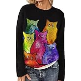 Akivide Women's Fall Winter Cute Cat Graphic Floral Print Sweater Casual Loose Long Sleeve Crewneck Sweatshirt Oversized Tops