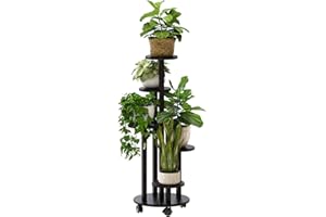 KIPLANT Black Plant Stand with Wheels, 5 Tiered Bamboo Tall Plant Stands for Indoor Plants Multiple, Corner Plant Stand for Window Garden Balcony Living Room Outdoor