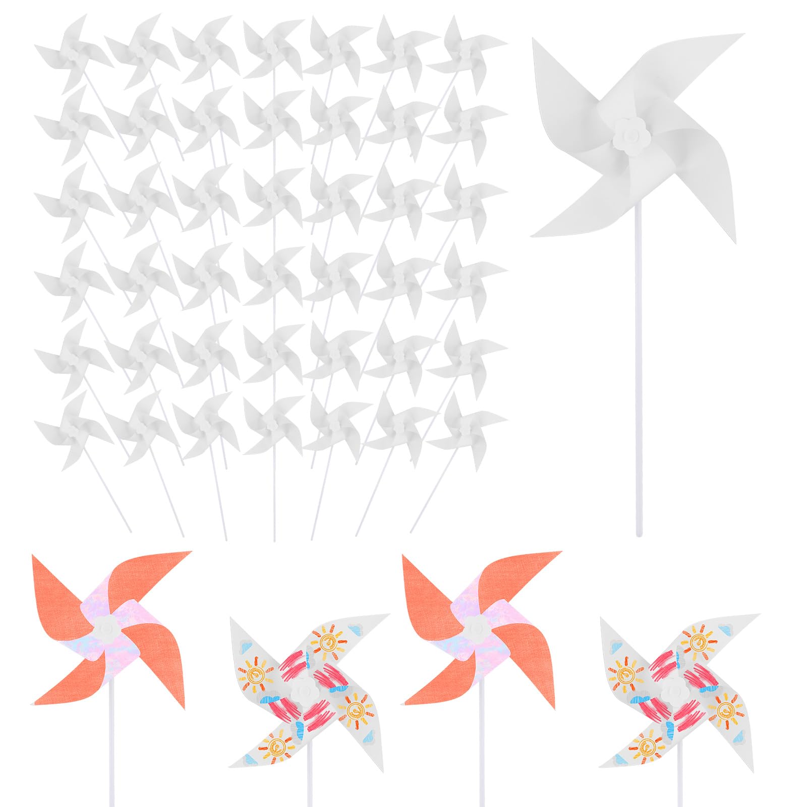 PEUTIER 50pcs DIY Kids Paper Pinwheels, White Blank Paper Pinwheels Blank Plastic Windmills Small Mini Pinwheels Craft for Children Summer Garden Activities School Group Daycare Home Fun Graffiti