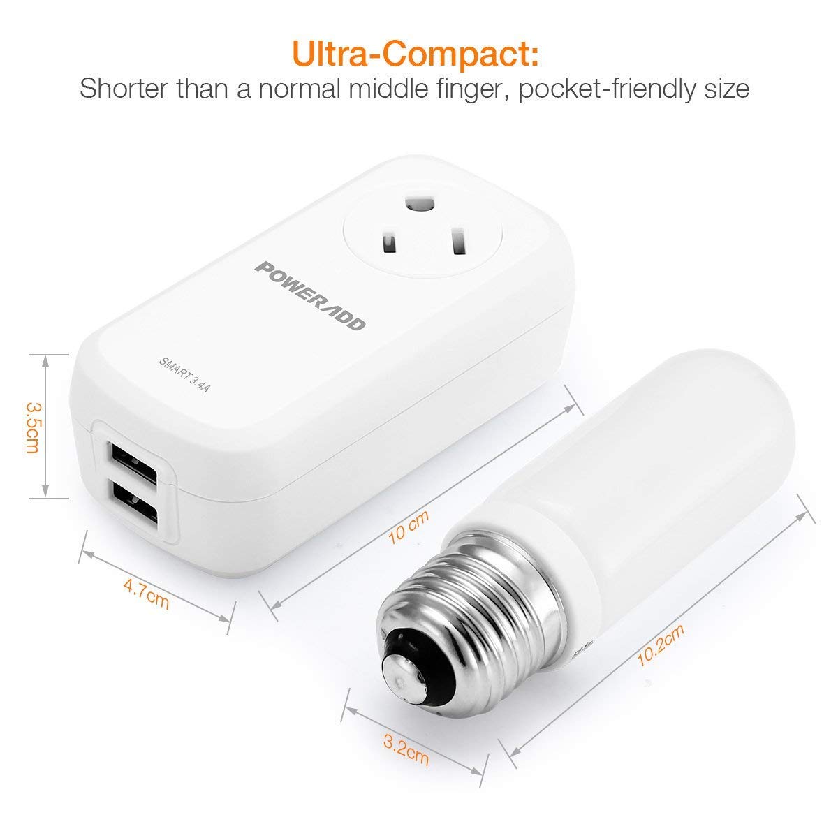 [UL Listed] Poweradd Portable 360 Degree Swivel Outlet Surge Protector 100-240V with 2-Port 3.4A USB Wall Charger, 15A/1875W - White