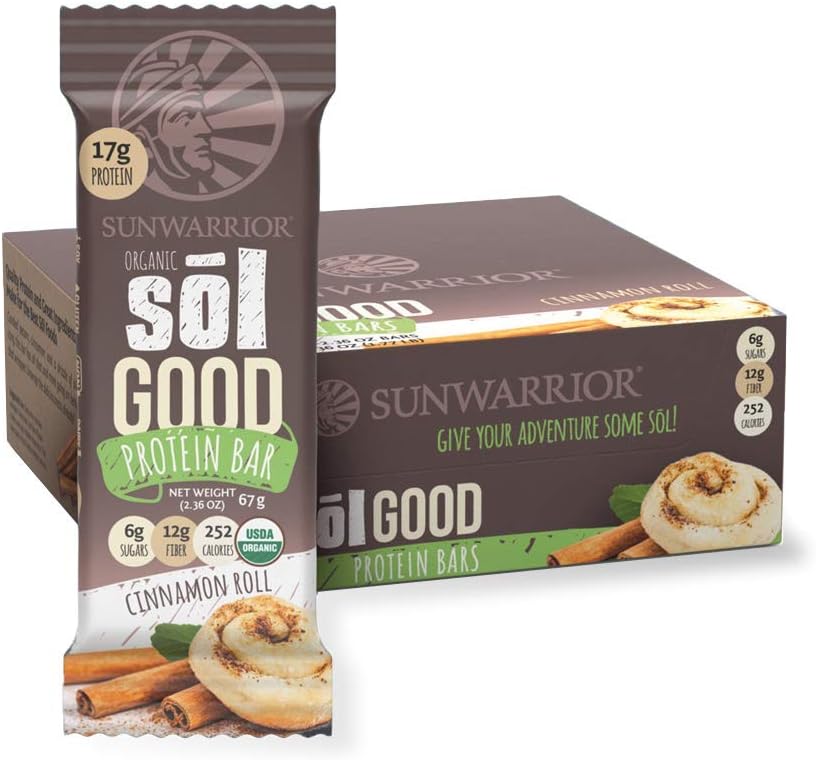 Sunwarrior - Sol Good Protein Bar, Organic, Refined Sugar-Free & Vegan, Brown Rice, Pea & Quinoa Protein (Cinnamon Roll)