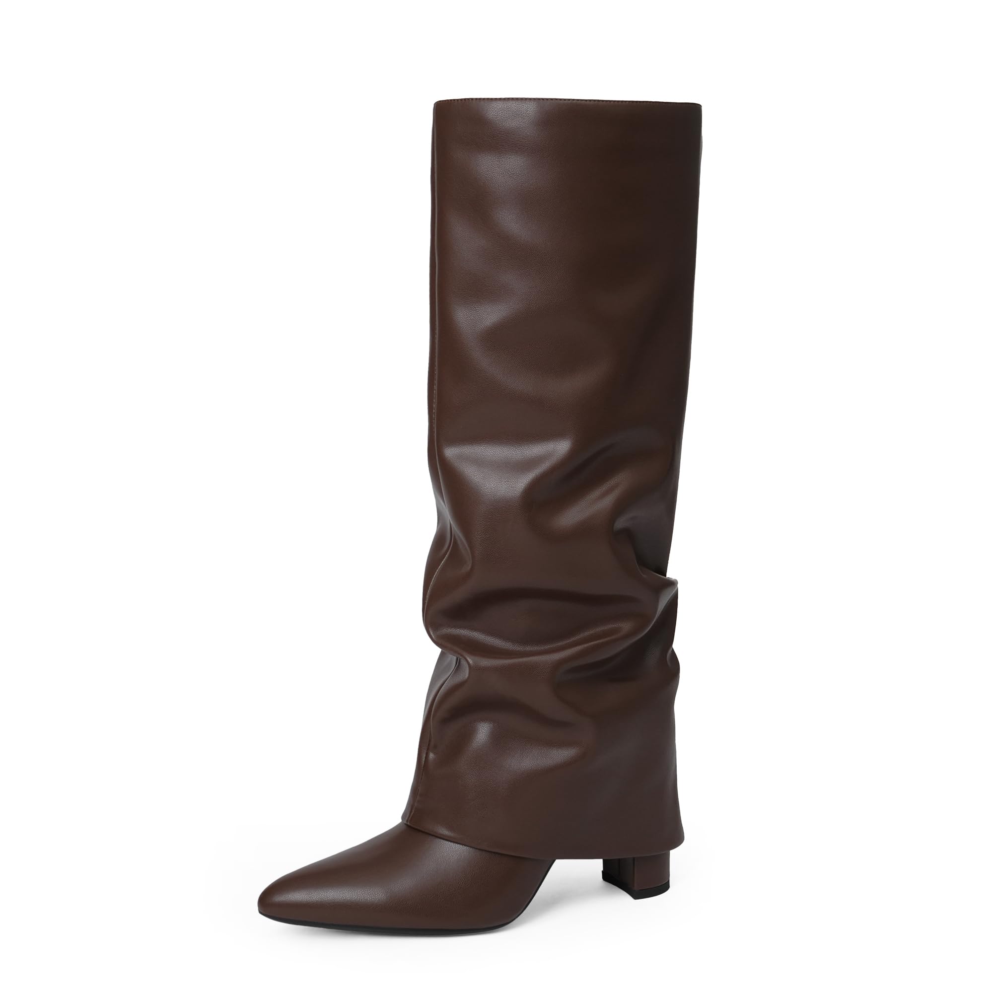View 1 of Modatope Chocolate Slouchy Fold Over Boots Chocolate Slouchy for Women Knee High Boots Women Pointed Chunky Heeled Tall Boots Long Boot Size 7.5