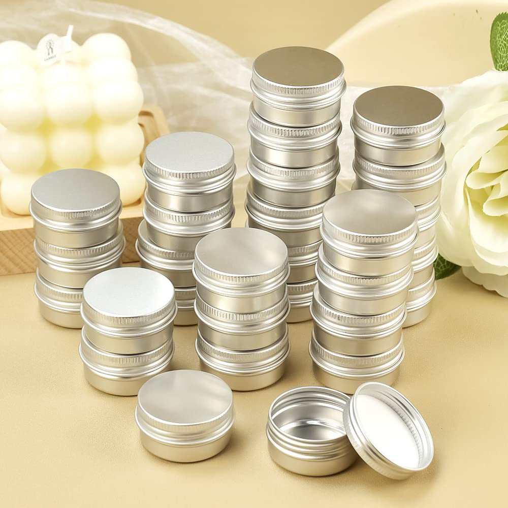 KBNIAN 30Pcs Aluminium Tins Jars, Empty Cosmetics Container Pots Travel Sample Pots Round Cans with Screw Lids for DIY Crafts, Cosmetics, Salve, Candle, Lip Balm, Travel Storage (10ml)