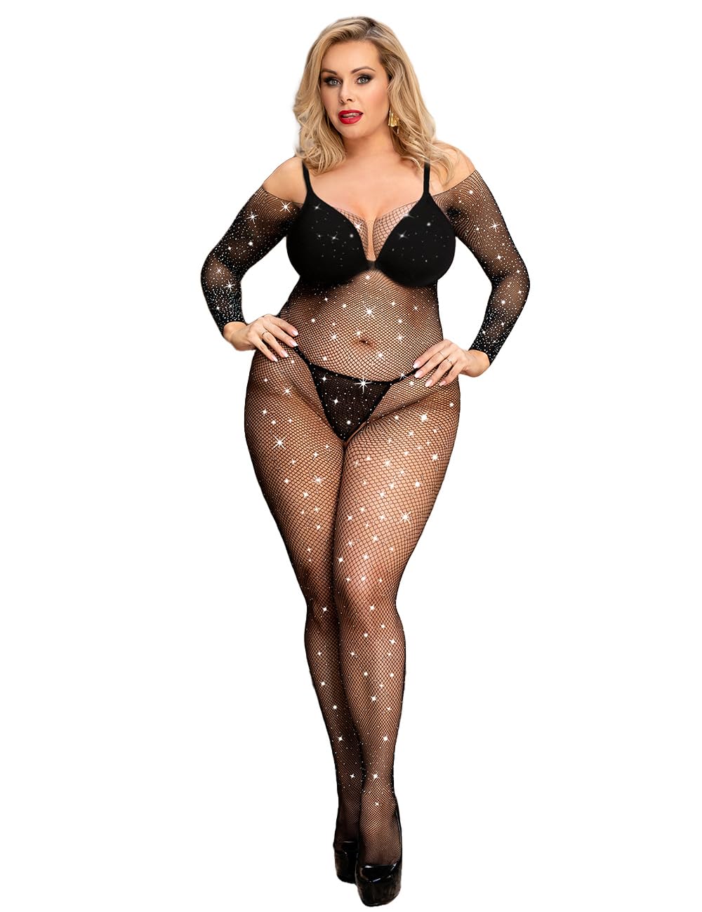Photo 1 of ohyeah Women’s Sparkle Rhinestone Fishnet Bodystockings Lingerie Black Mesh Jumpsuit Sexy One Piece Net Body Suit Outftis XS-M