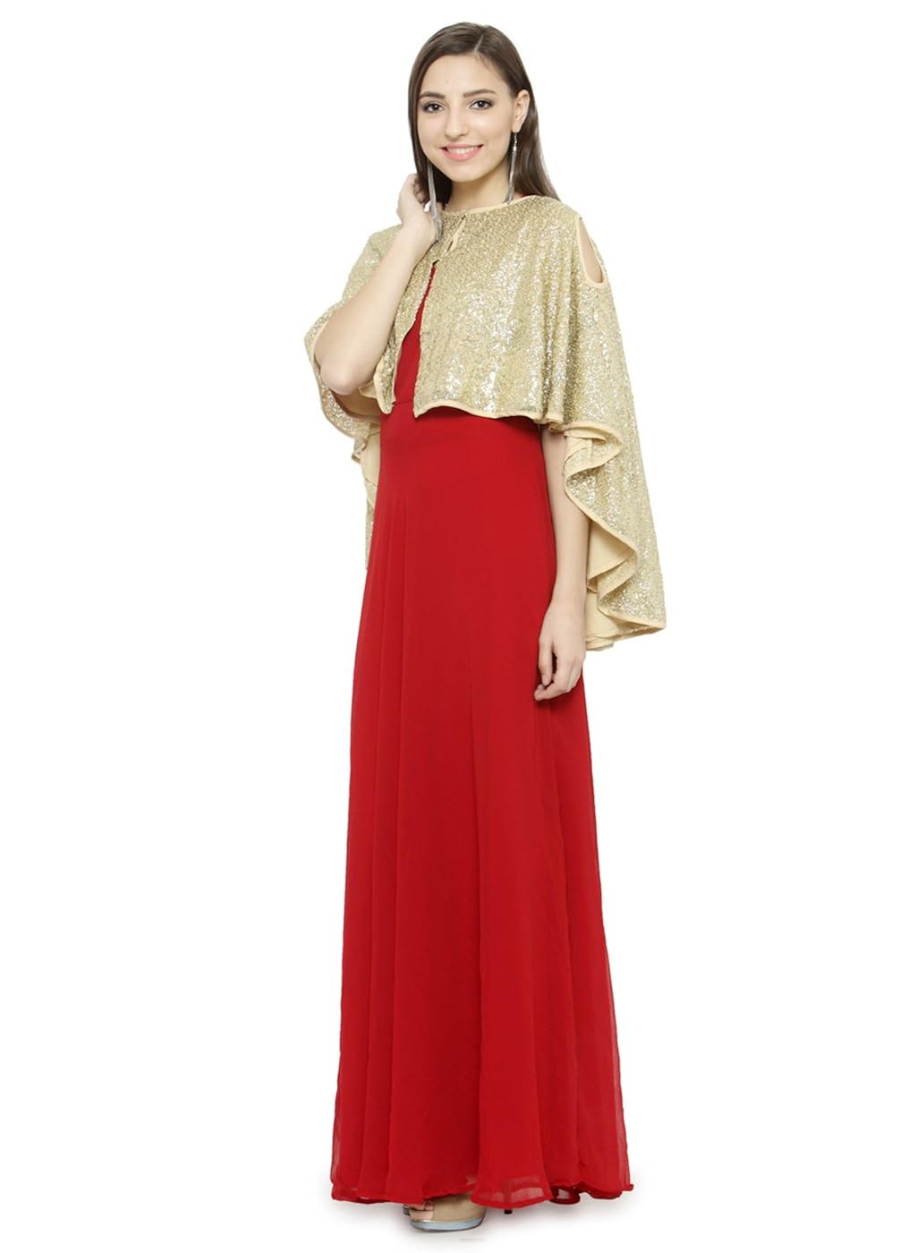 just wow maroon & golden poly georgette women's dress