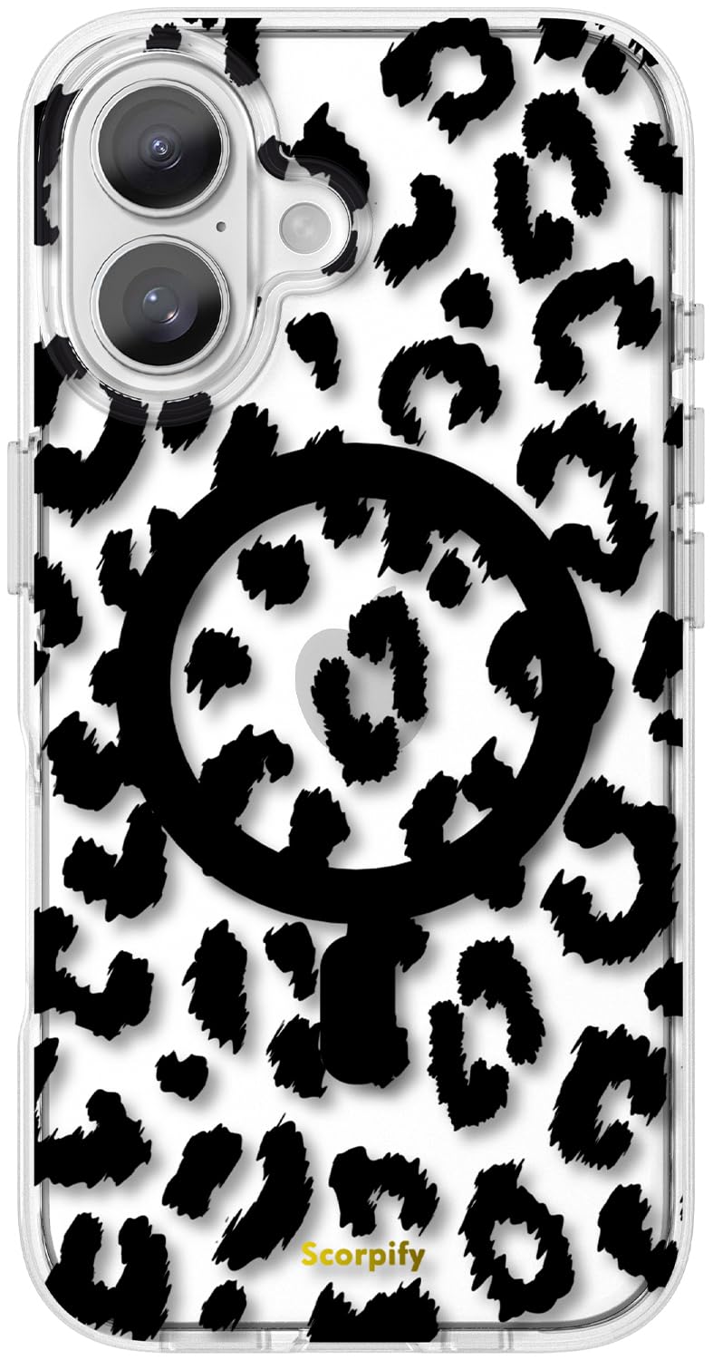 SCORPIFY for iPhone 16 Case [Compatible with MagSafe] with Black Clear Leopard Cheetah Print Design, Cute Clear Magnetic Phone Cover for Women Girls, [Non Yellowing] Slim Shockproof Bumper