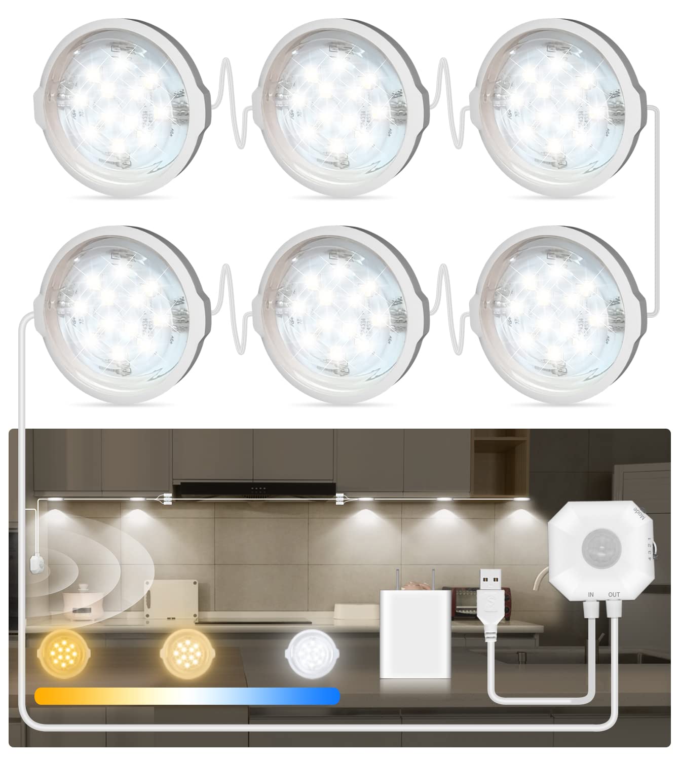 MATICOD Motion Sensor Lights Under Cabinet Kitchen Lights, 3 Color Temperatures Brightness Adjustable Cabinet Lighting, Bright Sensor Lights Indoor