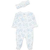 Little Me Clothes for Baby Girls 100% Cotton 2Pc Zipper Closure Footie and Headband Set, Baby Essentials, Preemie to 9 Months