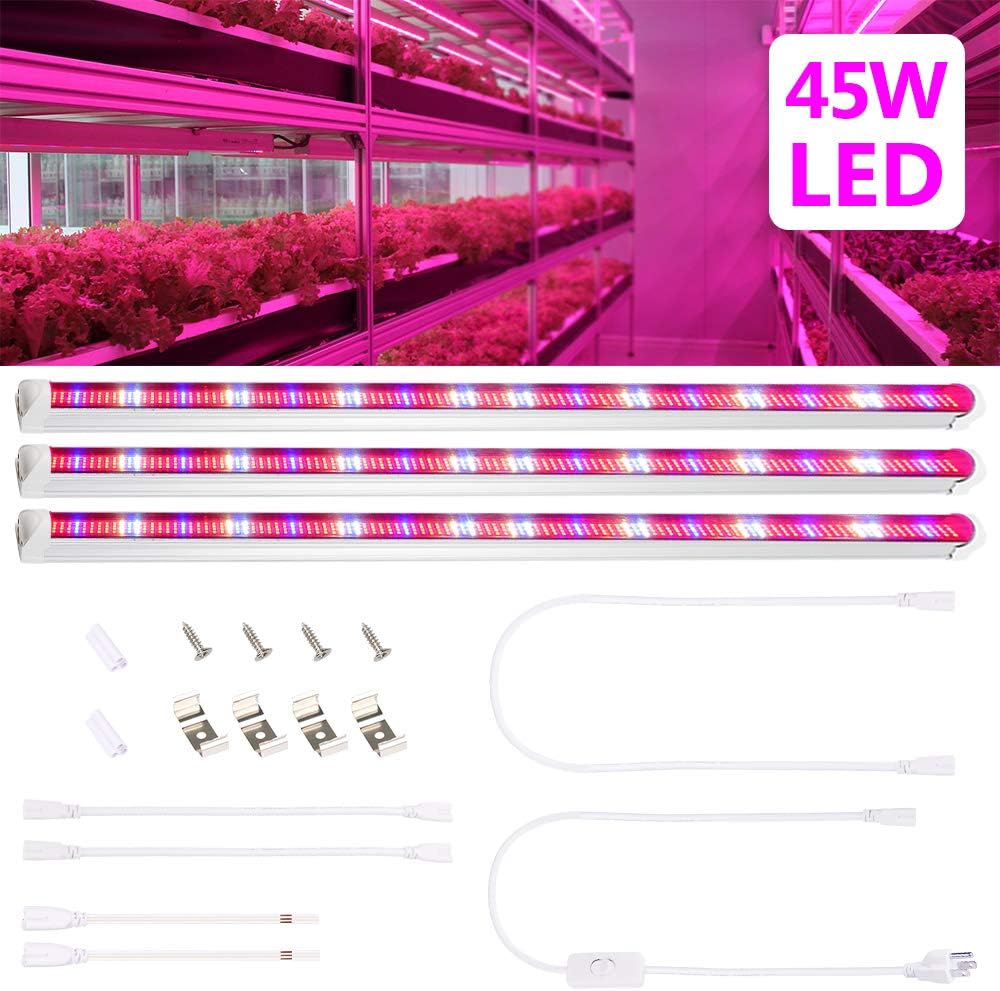 45W led Grow Light Tube with 448Leds, T8 Plant Light for Indoor Plant Hydroponic Garden Greenhouse, Grow Light Bar with US Plug + Switch Power Cable + Extended 50CM Connect Cables [3 Pack]
