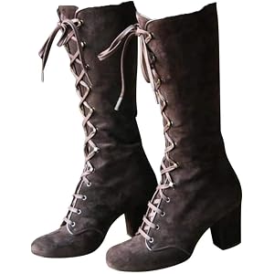 SHFWOPT Victorian Lace Up Knee High Boots for Women Faux Suede Combat Riding Chunky Heeled Boots Vintage Gothic Boot Witchy S