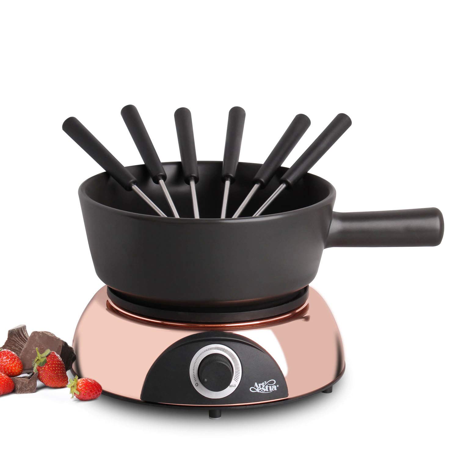 Photo 1 of Artestia Swiss Design 2-QT Electric Fondue Pot for Cheese, 1500W Ceramic Chocolate Melting Pot with Adjustable Temperature, 6 Fondue Forks, White Ceramic Pot with Rose-Gold Base (Black)