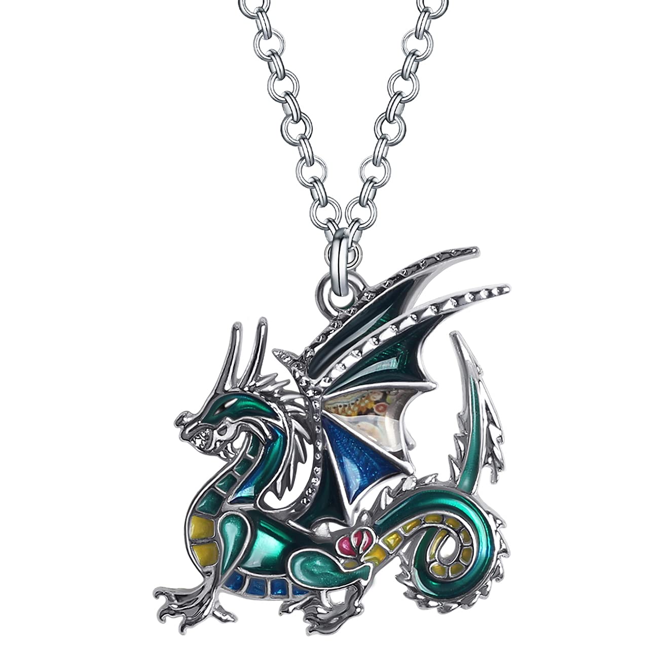 BONSNY Enamel Metal Fantasy Dragon Dinosaur Necklaces Pendant for Women Jewelry Lucky Symbol (Green)