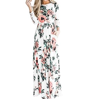 Lover-Beauty Kleider Damen Blumen Kleid Elegant Langarm Maxikleid Floral Print Böhmischen Strand Maxi Kleid Casual