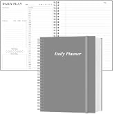 Daily Planner Undated - A4 To Do List Notebook Hourly Schedules, Spiral Appointment Planner for Women and Men,PVC Hardcover, Inner Pocket, Elastic Closure, 8.5" x 11", Grey