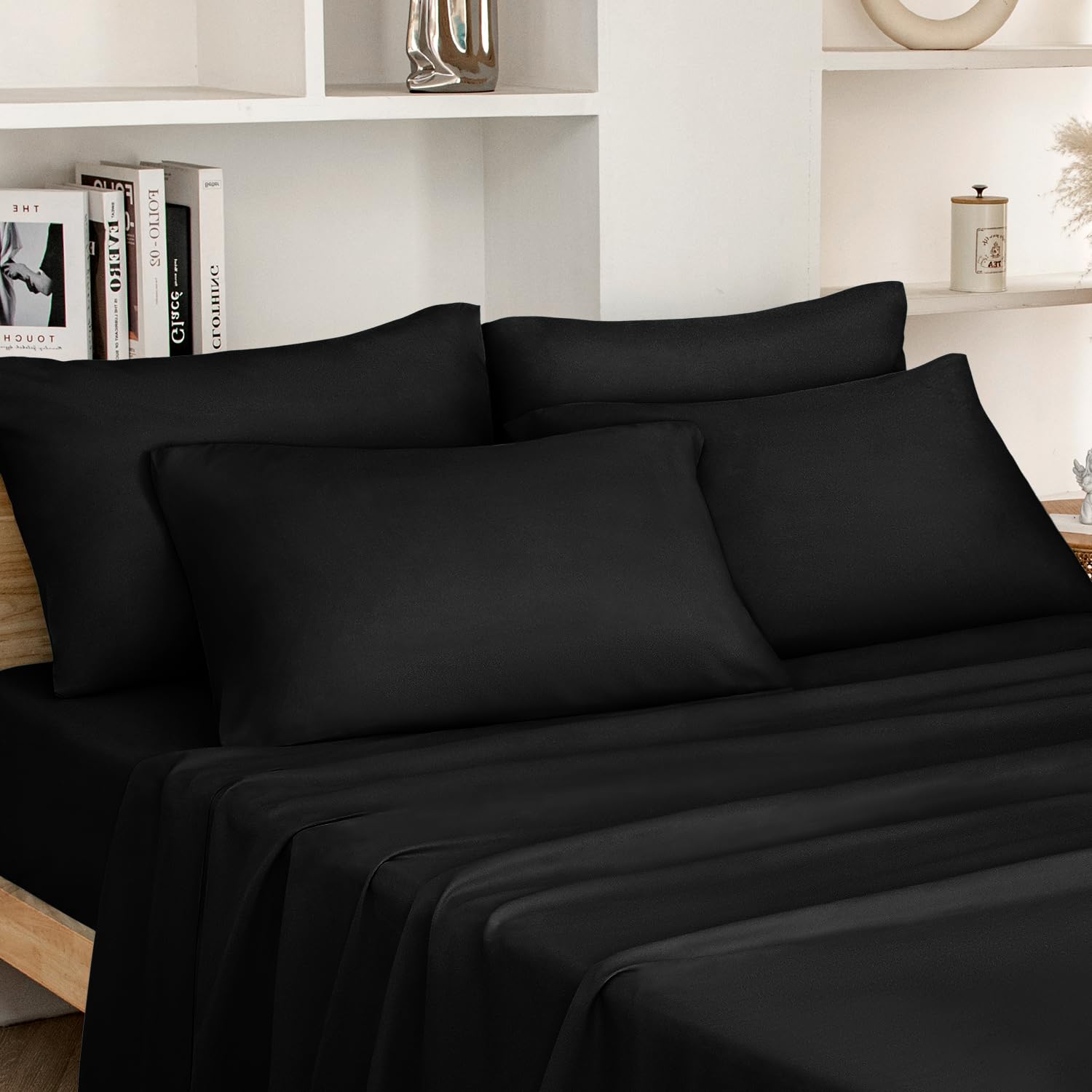 HOMEIDEAS Bed Sheets Set Extra Soft Brushed Microfiber 1800 Bedding Sheets - Deep Pocket, Wrinkle & Fade Free - 6 Piece(Queen,Black)