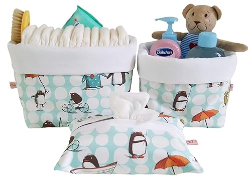 3er Set Utensilo, Baby Stoffkörbchen, Wickeltischset'Pinguine'