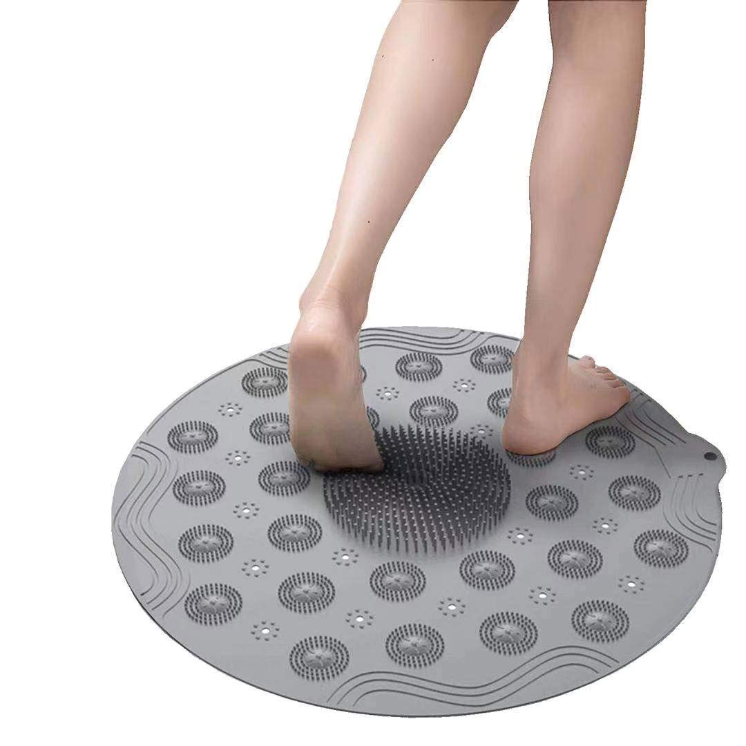 Shower Mat Non-Slip Round Bath Mat with Suction Cup, Size 18.1x18.1 inch (46x46 cm) Shower Stall Soft Mats, Silicone Material - Gray