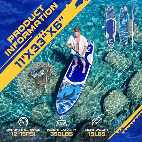 TIDETREK 11'/11'6" x 33"/34" x 6" Inflatable SUP Paddle Board – Extra-Wide, Stable Stand Up Paddle Board with Premium Full Accessory Set for Adults & Youth (Whale Dream/Kayak Seat, 11'x33 x6)