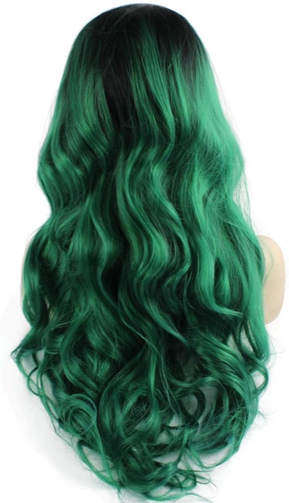 Iwona Long Wavy Lace Front Synthetic Hair Black Root Green Ombre Quality Cosplay Party Wig - Image 5