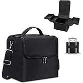 Large Makeup Carrying Train Case for Women, 4 Tier Travel Bag Box, Black | Nail Organizer Case-Adjustable Dividers, Waterproof, Detachable Shoulder Strap, Portable, Multipurpose Storage for Nail Tools