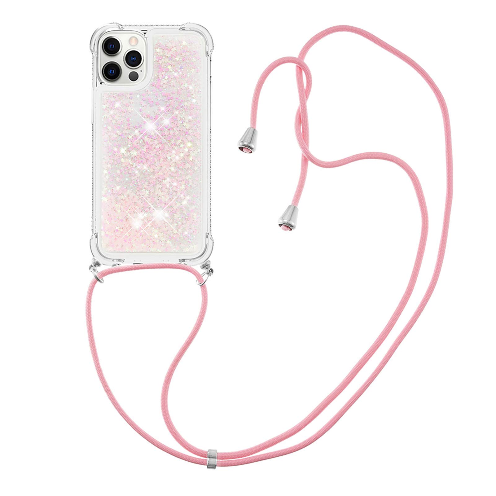 MRSTER Lanyard Phone Case for iPhone 12 Mini, Bling Glitter Quicksand Liquid Sparkle Silicone TPU Case Cover With Crossbody Necklace Cord Strap for iPhone 12 Mini 5.4”. LP Star Pink