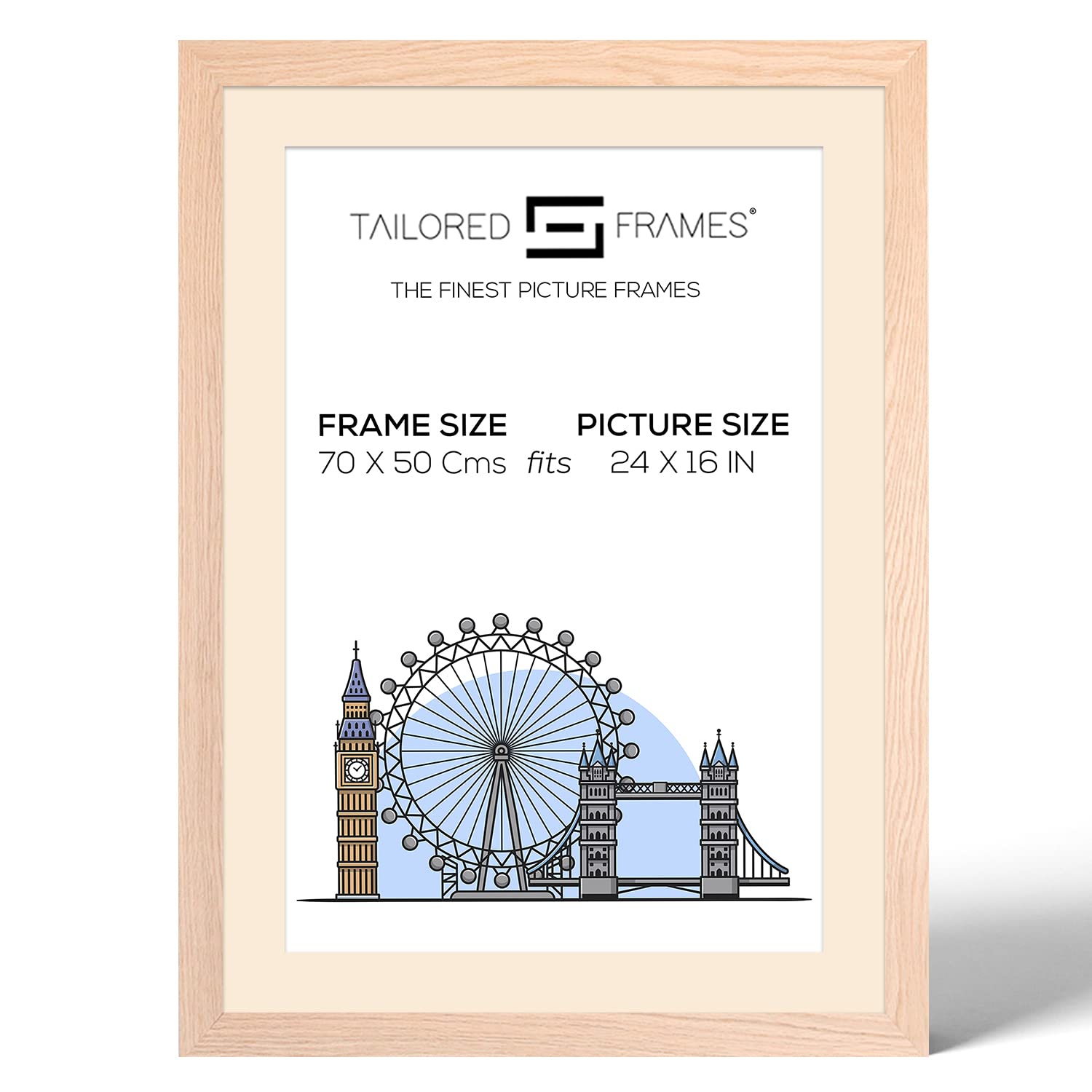 Tailored Frames 99 Solid Natural Oak Picture | Single Picture Frames | Table Top & Wall Hanging Type | Photo Frame with Mount (ANTIQUE MOUNT, 70 x 50cm frame, to take a 24" x 16"Picture)