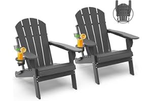 GREENVINES Folding-Adirondack-Chairs-Set-of-2 | HDPE Plastic | Fire Pit Chair | All Weather | Cup Holder | Grey | for Deck Backyard Patio Outdoor Garden