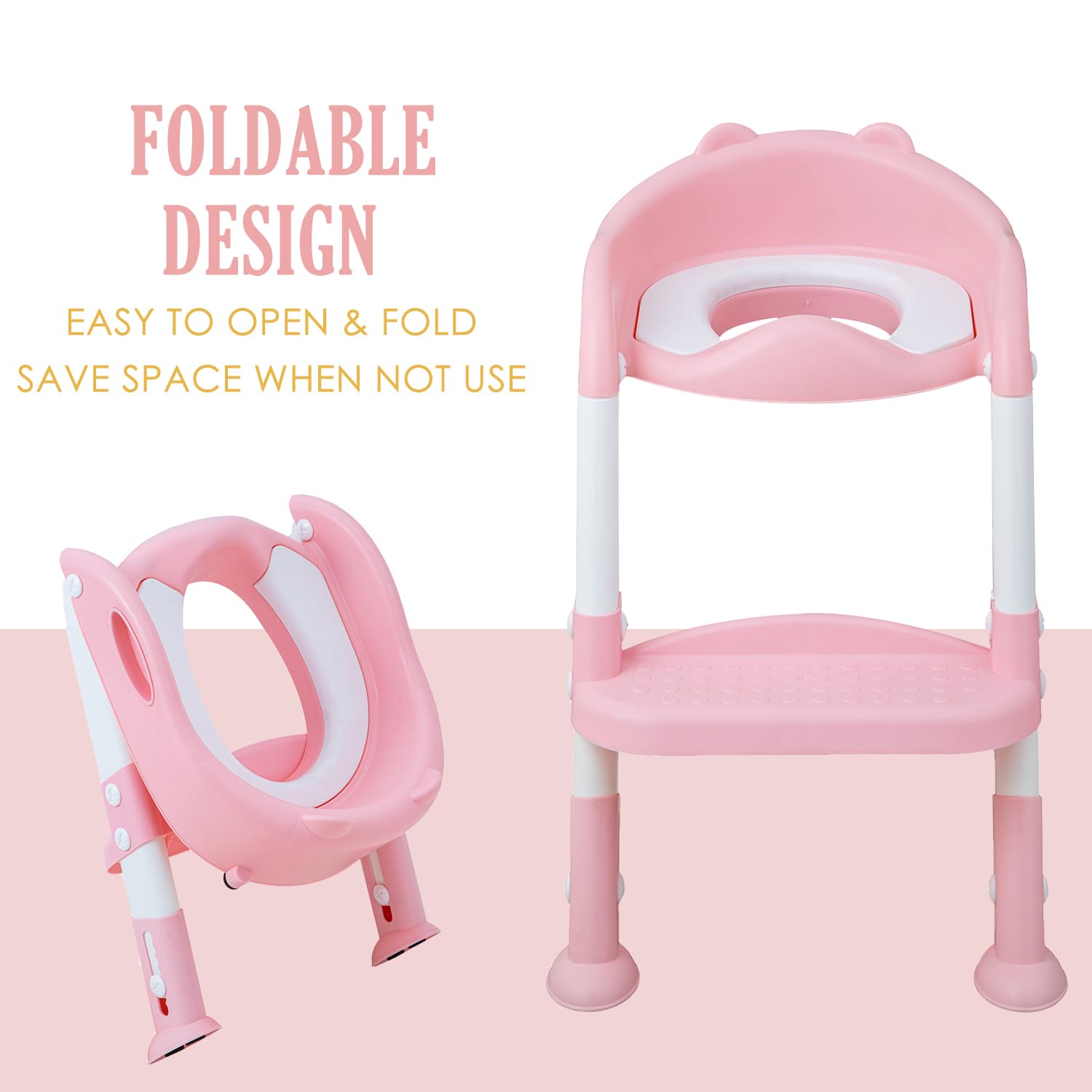 Potty Training Toilet Chair Seat with Step Stool Ladder for Kids and Toddler Boys Girls - Foldable Height Adjustable Children Toilet Training Seat with Safe Handles & Anti-Slip Pads, White-Pink