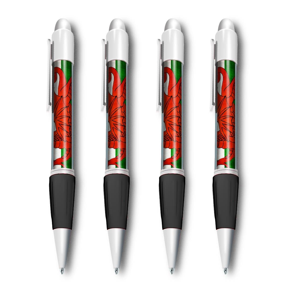 Set of 4 White Ballpoint Pens (Photo Insert) - Distressed Wales Welsh Dragon Flag - Soft Feel Finger Grip #56016