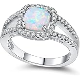 MDFUN Opal Engagement Halo Ring for Women Created Opal Cubic Zirconia 2 in 1 Rings Set 18k White Gold Plated Round CZ Promise Ring Bands Jewelry Gifts Size 5-10
