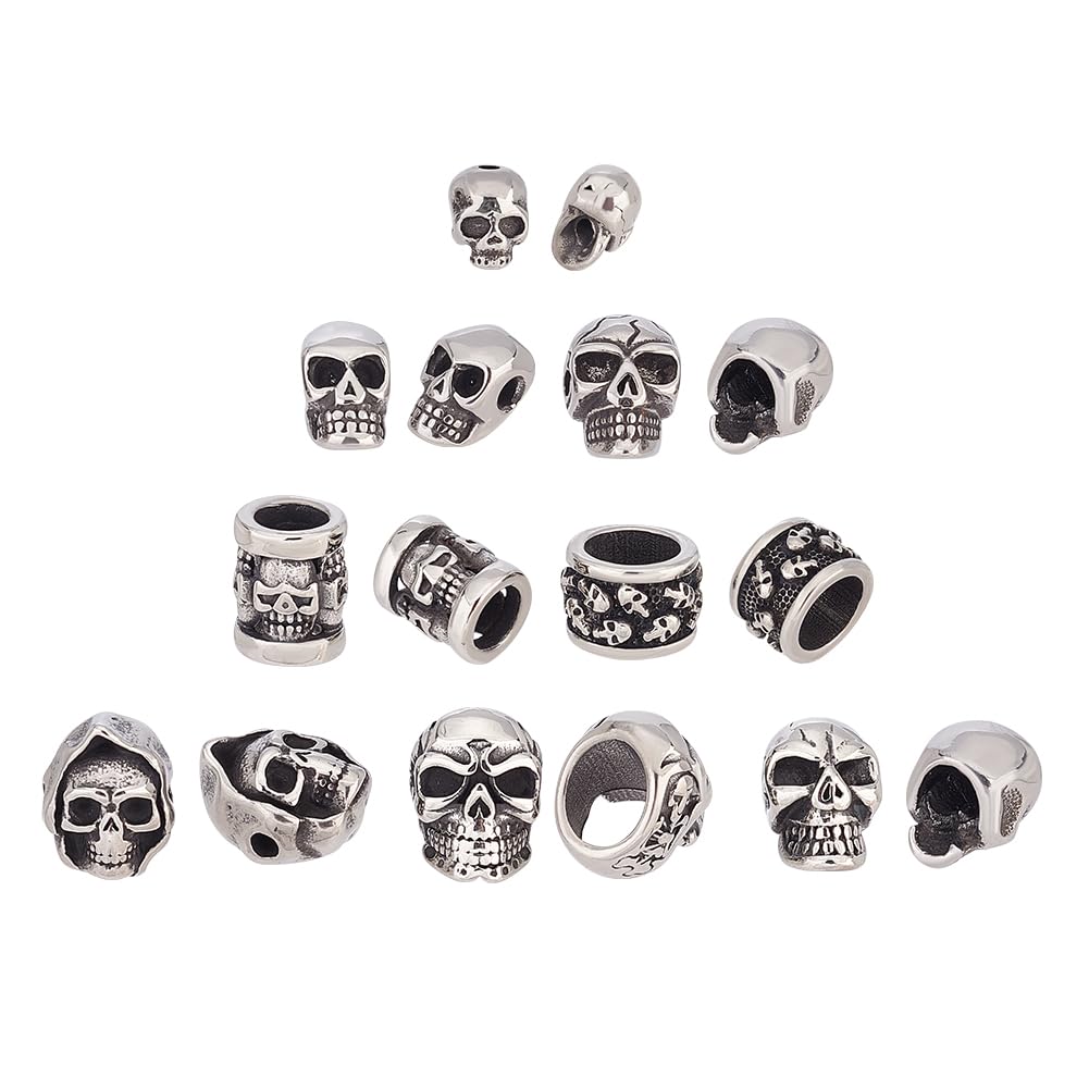 UNICRAFTALE about 8Pcs 8 Style Skull Beads Stainless Steel Spacer Beads Antique Silver Skull Head Loose Beads 1.5~8.5mm Hole Skull European Beads Metal Beads for Jewelry Making DIY Bracelet Necklace
