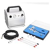 Pinkiou Airbrush Kit with Air Compressor Dual Action Airbrush Gun Set with 1/6 HP Quiet Air Compressor Include 0.2mm 0.3 &0.5mm Needles and Hose Gravity Airbrush Set for Model Painting,Cakes,Clothes