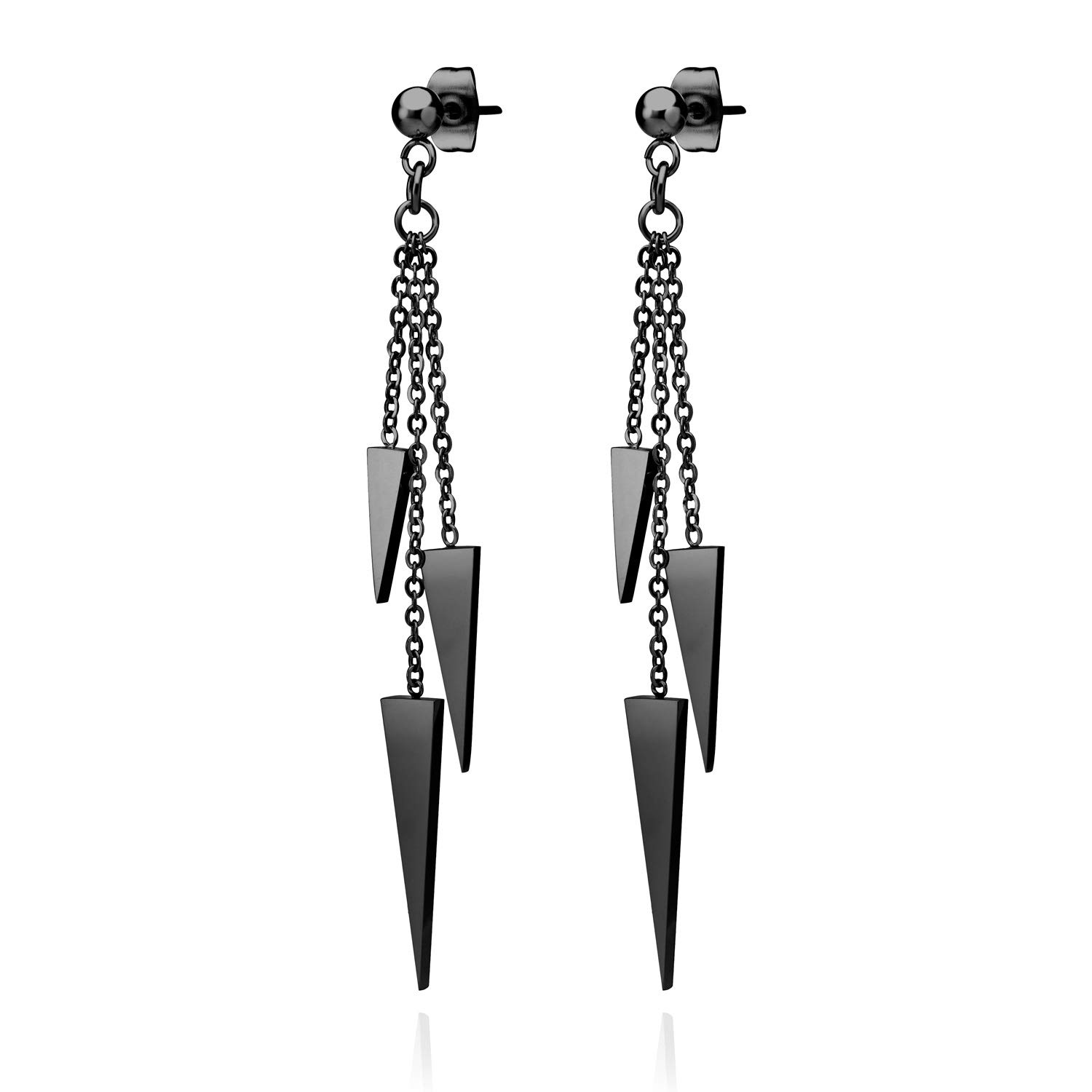 555Jewelry Womens Stainless Steel Triple Triangle Dangle Stylish Chain Chandelier Edgy Drop Post Stud Push Back Ladies Party Jewelry Fashion Accessory Earrings, Black