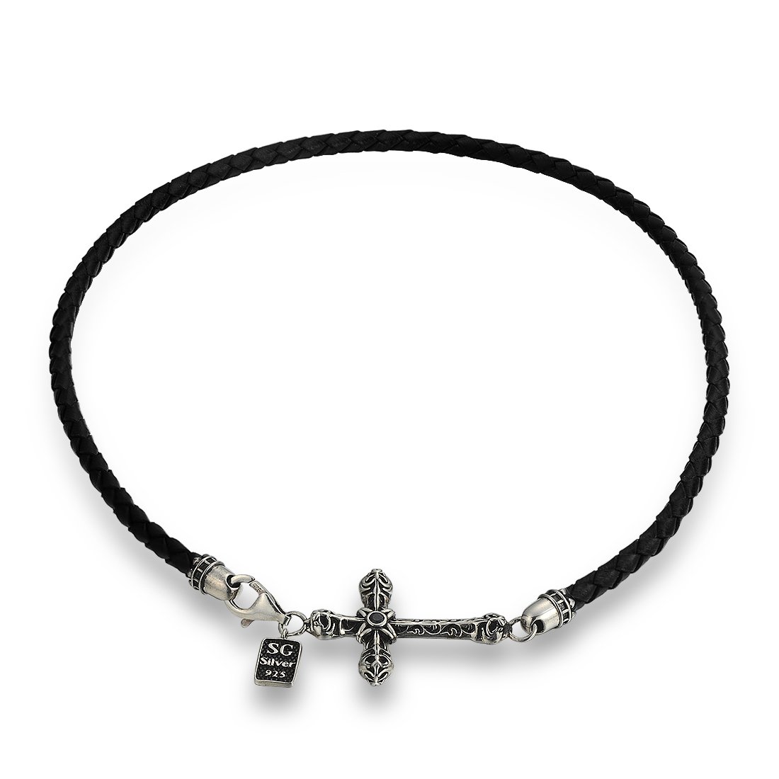 Santuzza Vintage Style Sideways Cross Leather Braided Bracelet Bangle for Women Men Sterling Silver Genuine Leather Braided Double Strap