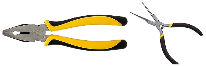 Stanley 70-482 Sturdy Steel Combination 8-Inch Pliers (Yellow and Black) & Stanley 84-096-23 127mm-5 Needle Nose Miniature Plier