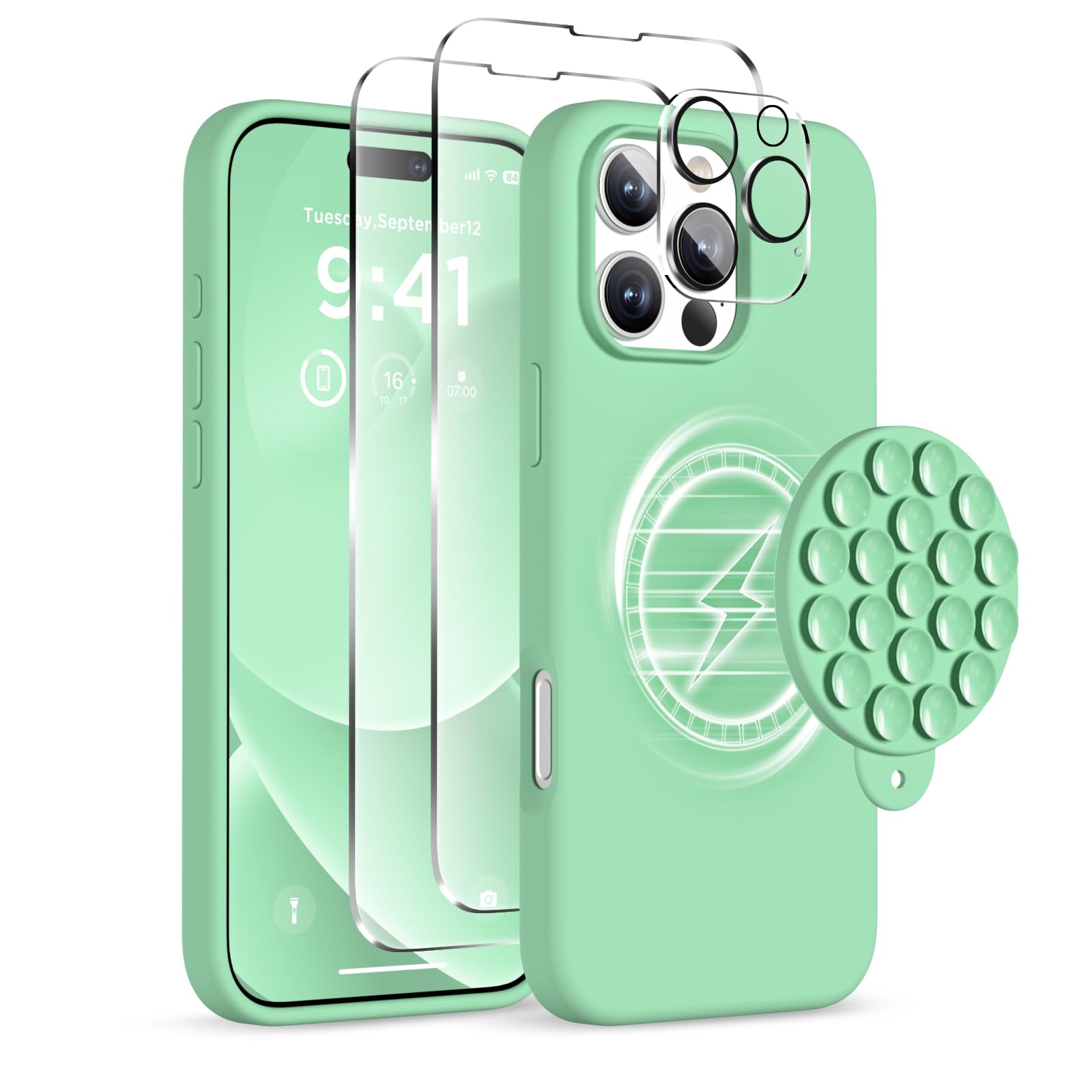 COFFKER Magnetic for iPhone 16 Pro Max Case, Compatible with Magsafe, Suction Cup Phone Mount, [2 Screen Protectors][Camera Protector] Silicone Shockproof Protective Phone Cover 6.9", Spearmint Green