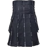 Men's Plus Size Scottish Hybrid Black Cotton & Tartan Utility Kilt with Leather Straps